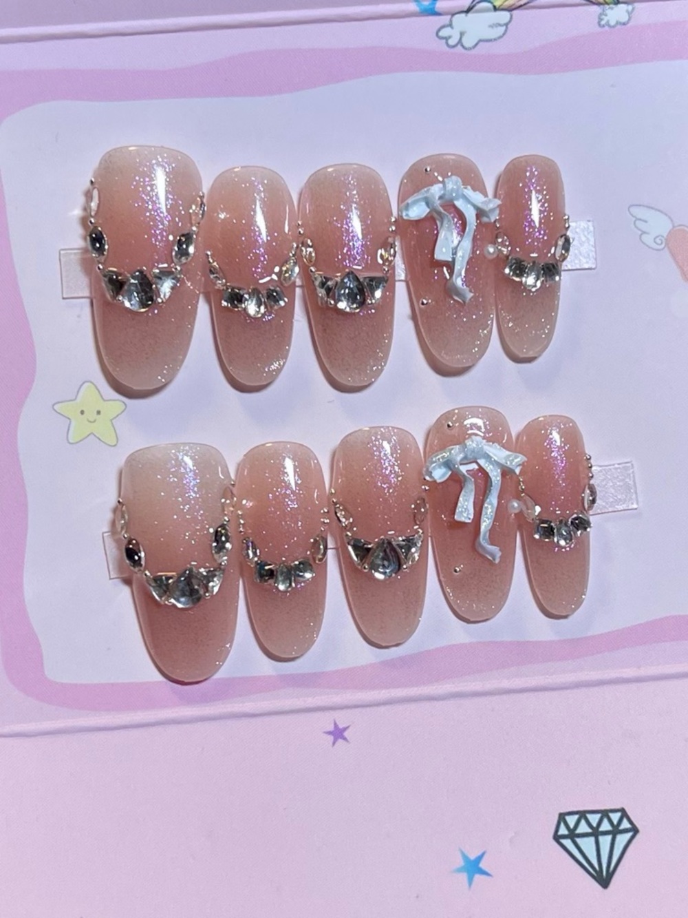 💖5 for $25😻 Neutral Pink Rhinestone Bow Press-On Nails - Kids Accessories